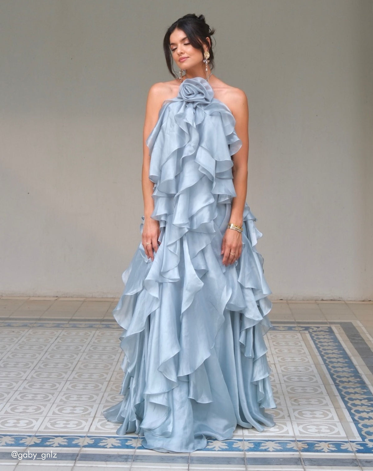 Mac Duggal Blue Organza Halter Neck Open Back Ruffle Gown