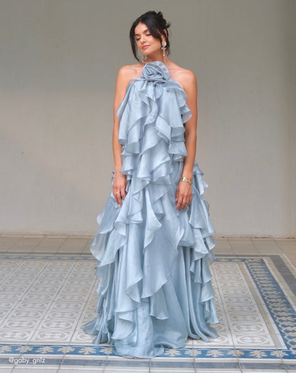 Mac Duggal Blue Organza Halter Neck Open Back Ruffle Gown