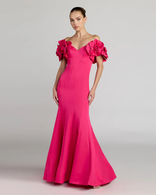 Mac Duggal Pink Off The Shoulder Gown with 3D Floral Sleeves