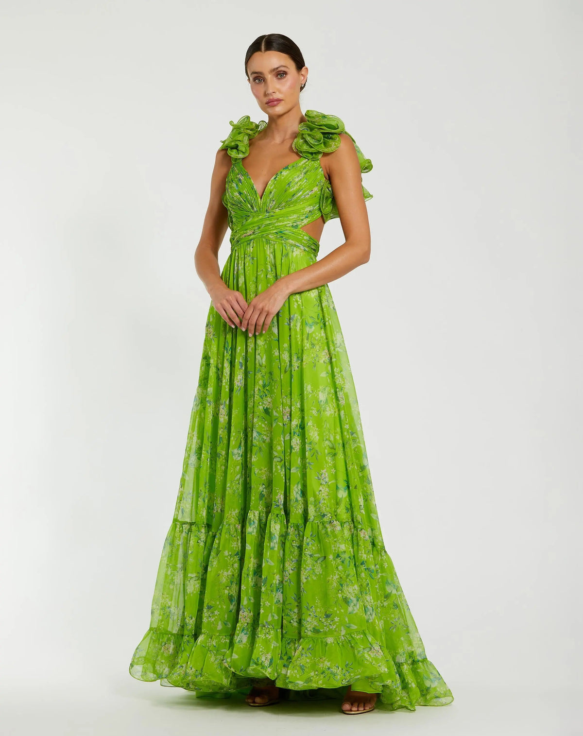 Mac Duggal Green Ruffle Tiered Floral Cut-Out Chiffon Gown