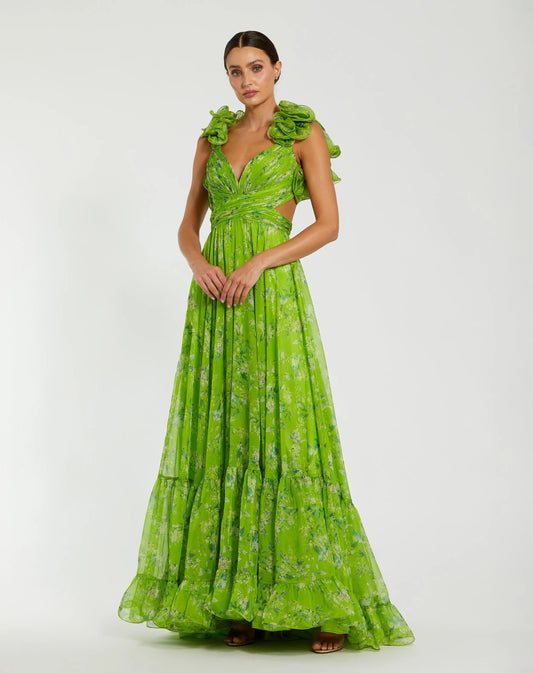 Mac Duggal Green Ruffle Tiered Floral Cut-Out Chiffon Gown