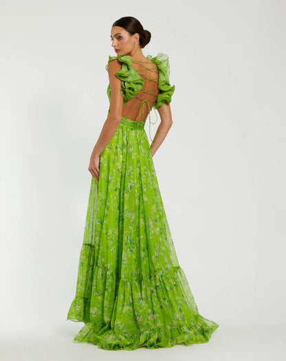 Mac Duggal Green Ruffle Tiered Floral Cut-Out Chiffon Gown