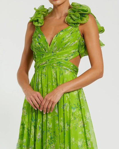 Mac Duggal Green Ruffle Tiered Floral Cut-Out Chiffon Gown