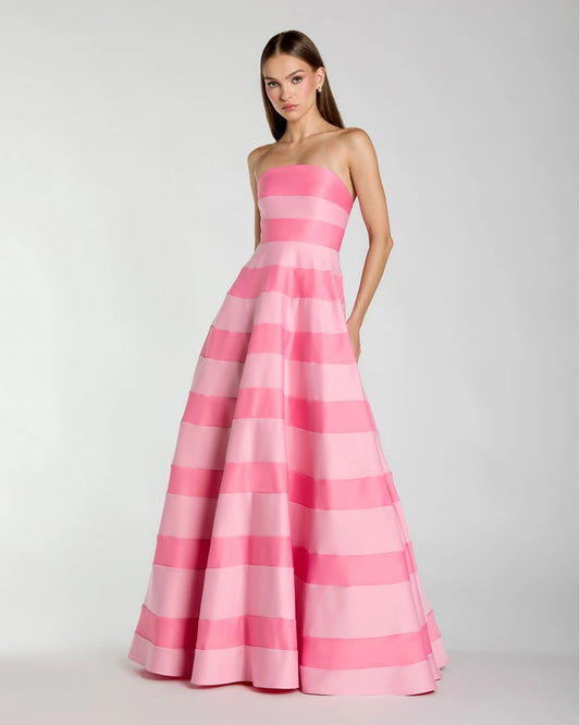 Mac Duggal Pink Striped Strapless Satin Ballgown With Pockets