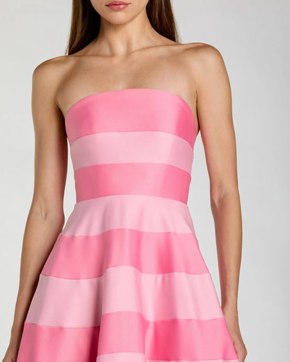 Mac Duggal Pink Striped Strapless Satin Ballgown With Pockets