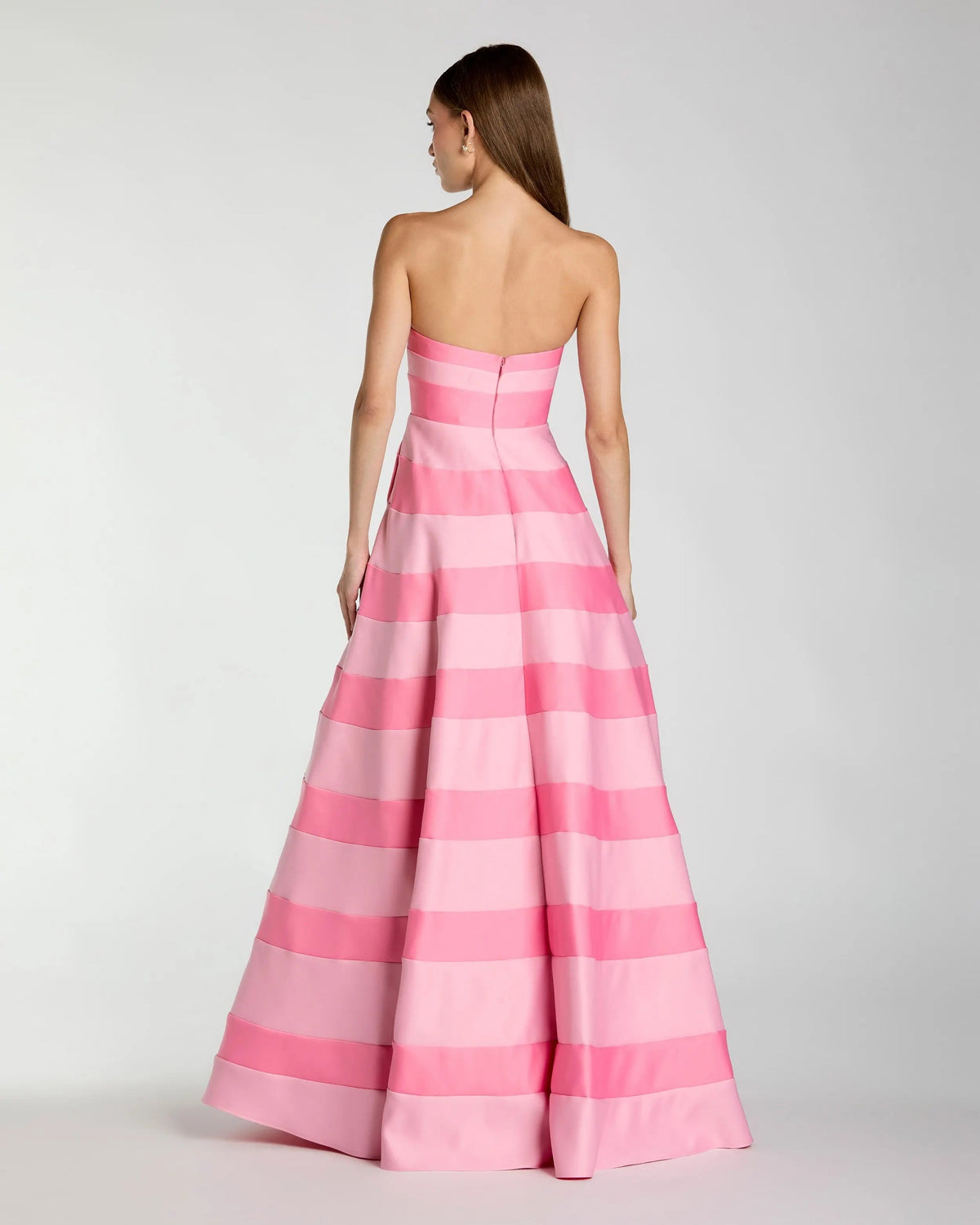 Mac Duggal Pink Striped Strapless Satin Ballgown With Pockets
