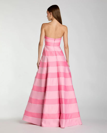 Mac Duggal Pink Striped Strapless Satin Ballgown With Pockets