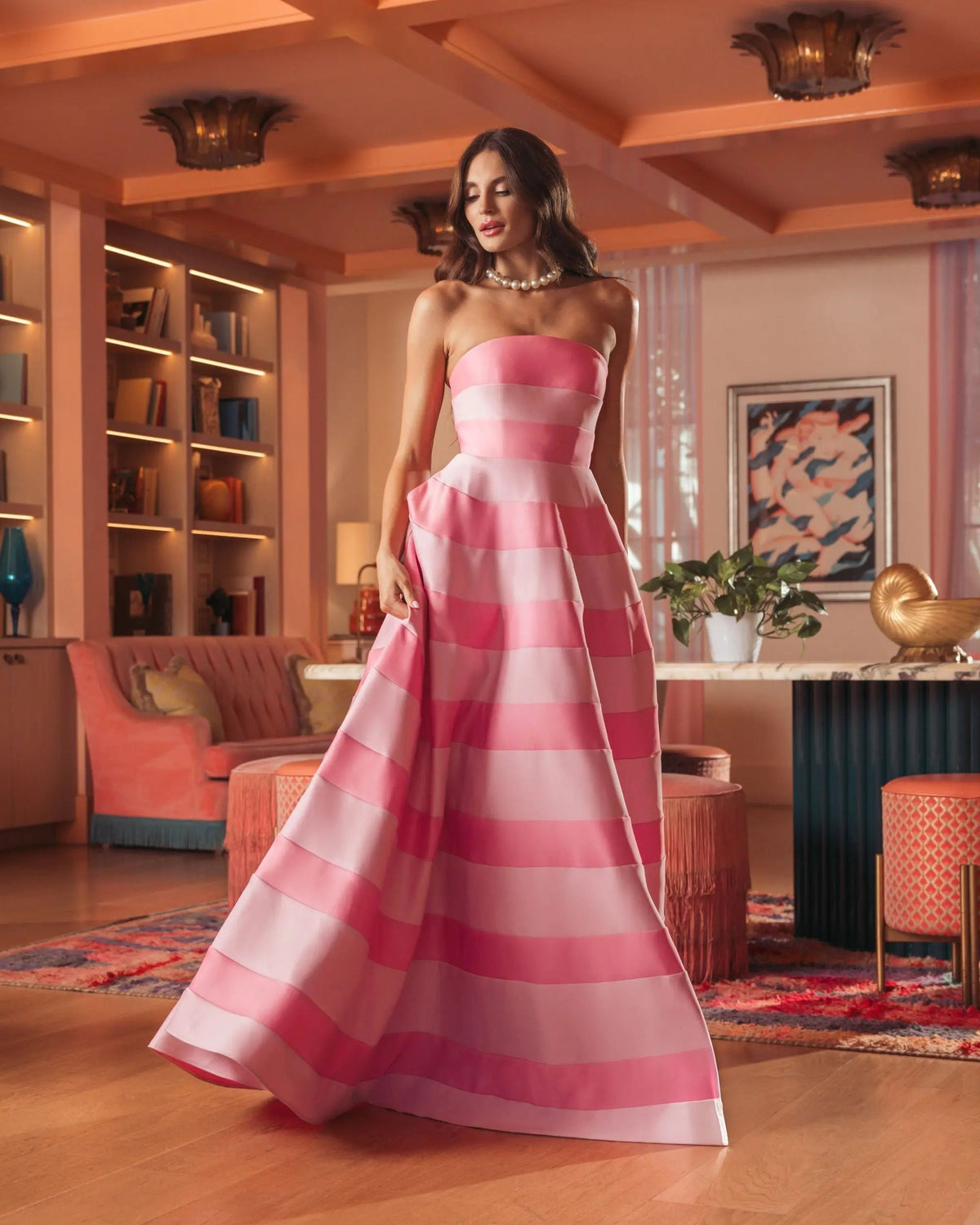 Mac Duggal Pink Striped Strapless Satin Ballgown With Pockets