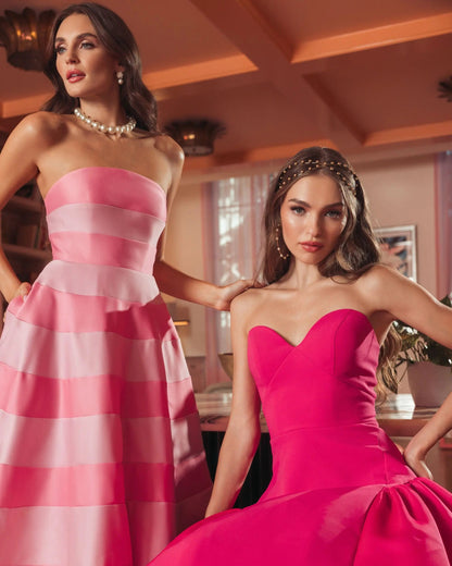 Mac Duggal Pink Striped Strapless Satin Ballgown With Pockets