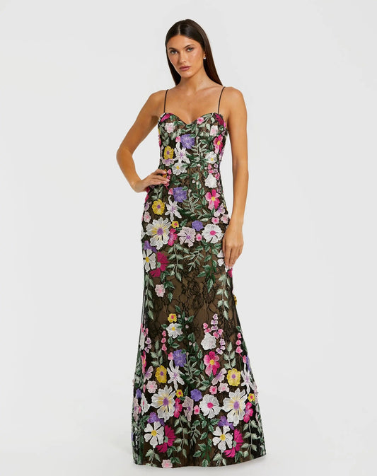 Mac Duggal Black Floral Embroidered Sleeveless Bustier Gown