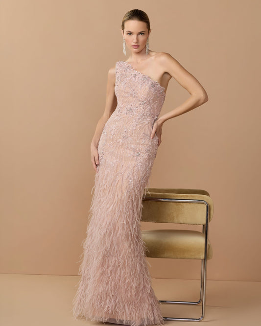 Mac Duggal Pink Embellished Lace One Shoulder Feather Gown
