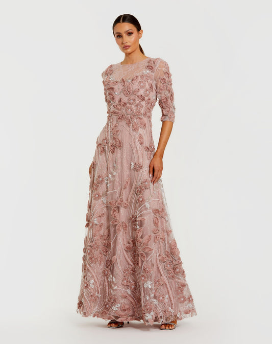 Mac Duggal Petite Pink High Neck Embellished Lace Gown with 3/4 Sleeves