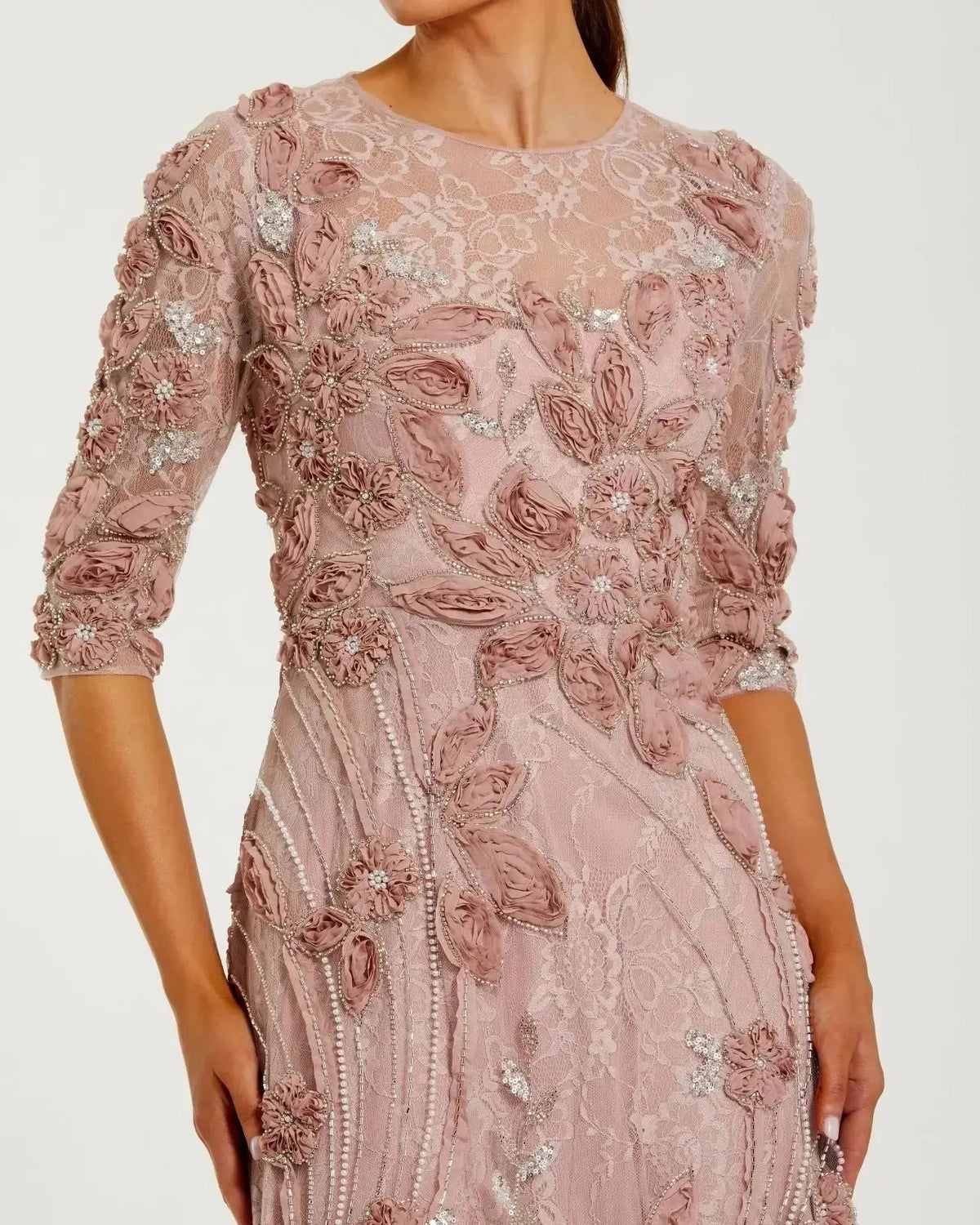 Mac Duggal Petite Pink High Neck Embellished Lace Gown with 3/4 Sleeves
