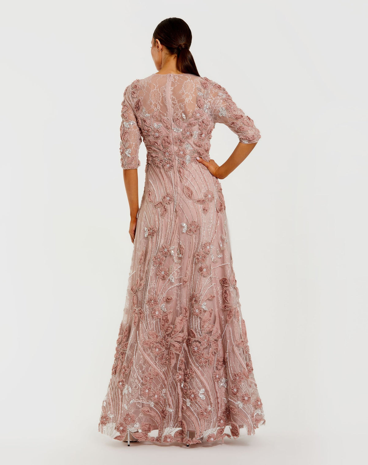 Mac Duggal Petite Pink High Neck Embellished Lace Gown with 3/4 Sleeves