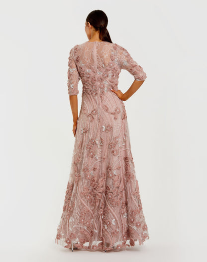 Mac Duggal Petite Pink High Neck Embellished Lace Gown with 3/4 Sleeves