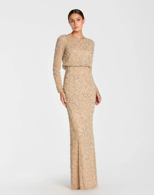 Mac Duggal Beige Long Sleeve Beaded Blouson Gown