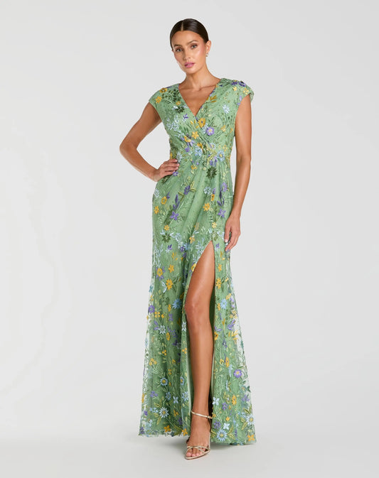 Mac Duggal Green Faux Wrap Embroidered Cap Sleeve Gown