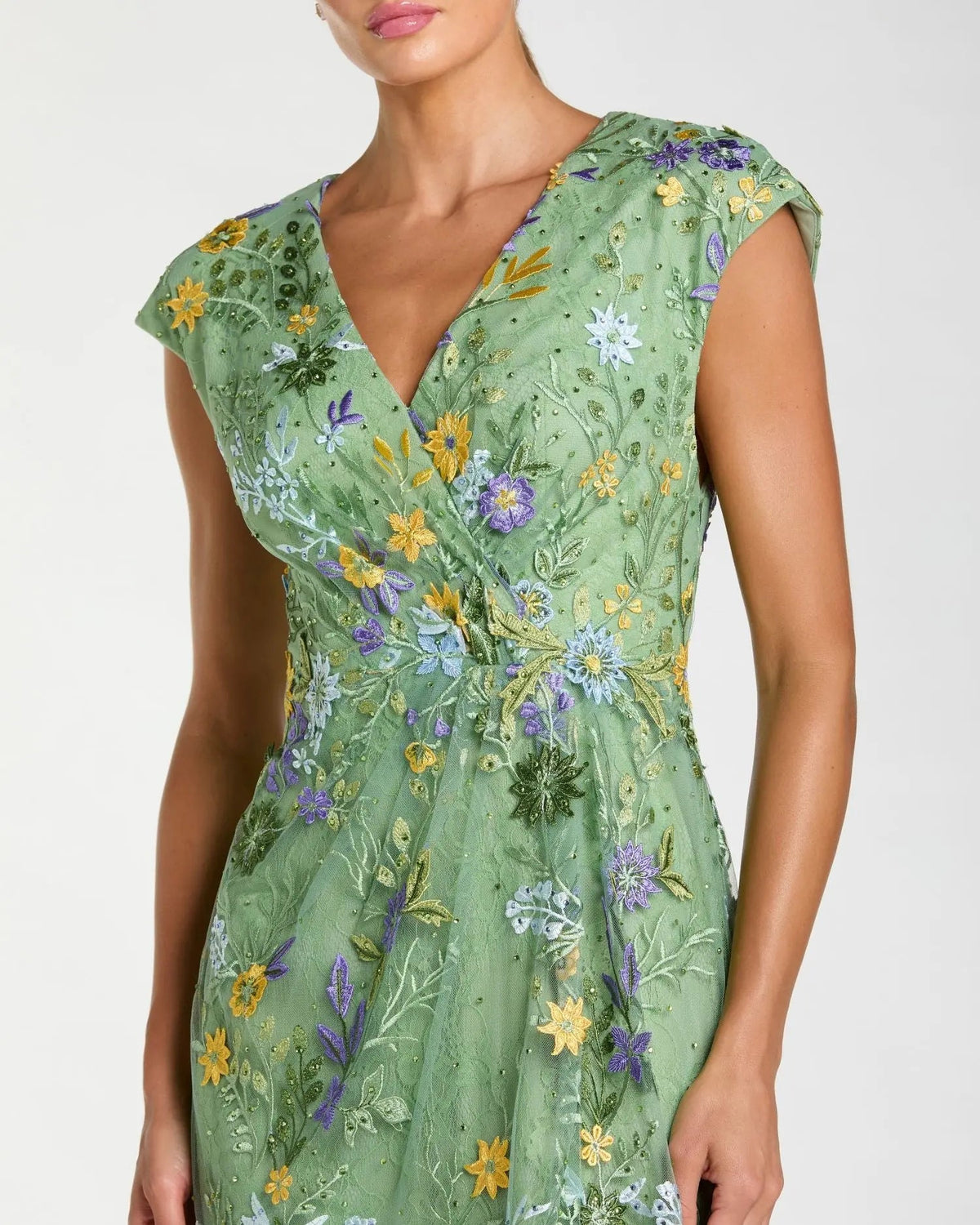 Mac Duggal Green Faux Wrap Embroidered Cap Sleeve Gown