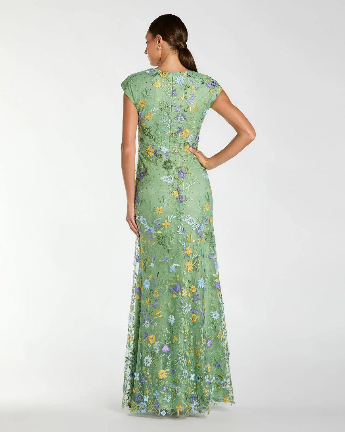 Mac Duggal Green Faux Wrap Embroidered Cap Sleeve Gown