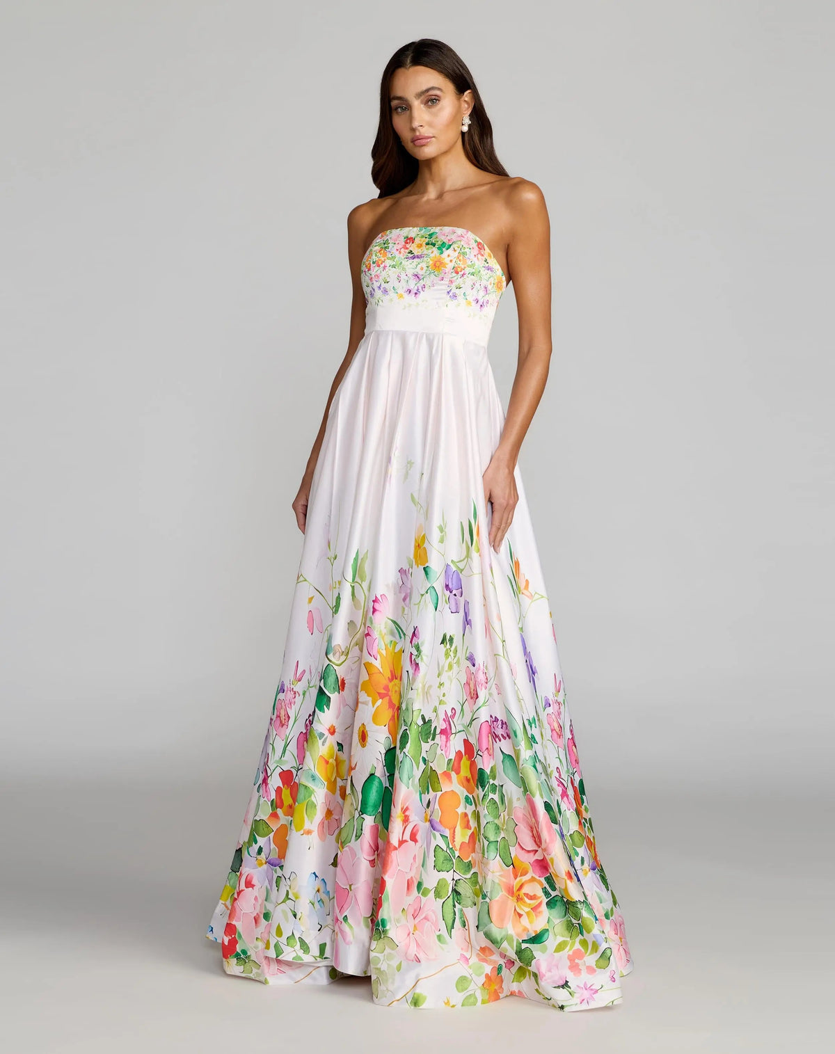 Mac Duggal White Floral Print Strapless Satin A Line Gown With Pockets