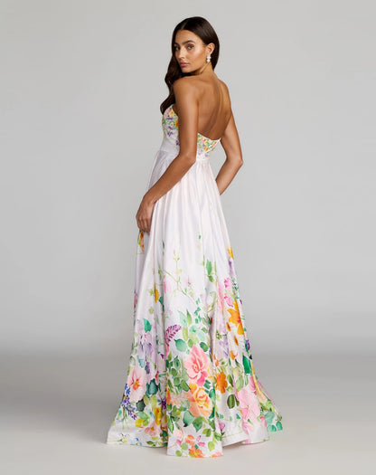 Mac Duggal White Floral Print Strapless Satin A Line Gown With Pockets