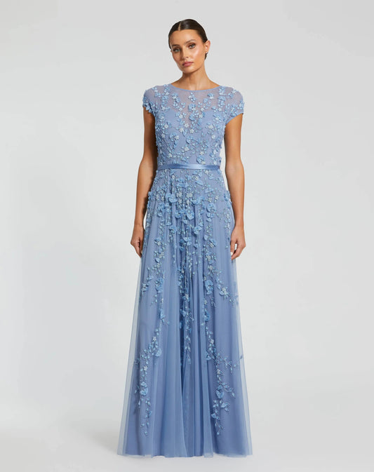 Mac Duggal Petite Blue Floral Embellished Cap Sleeve Gown