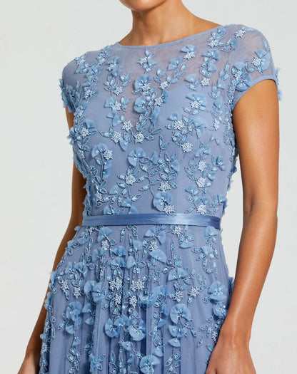 Mac Duggal Petite Blue Floral Embellished Cap Sleeve Gown