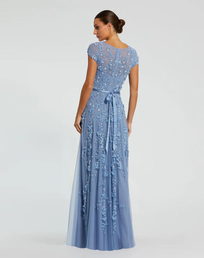 Mac Duggal Petite Blue Floral Embellished Cap Sleeve Gown