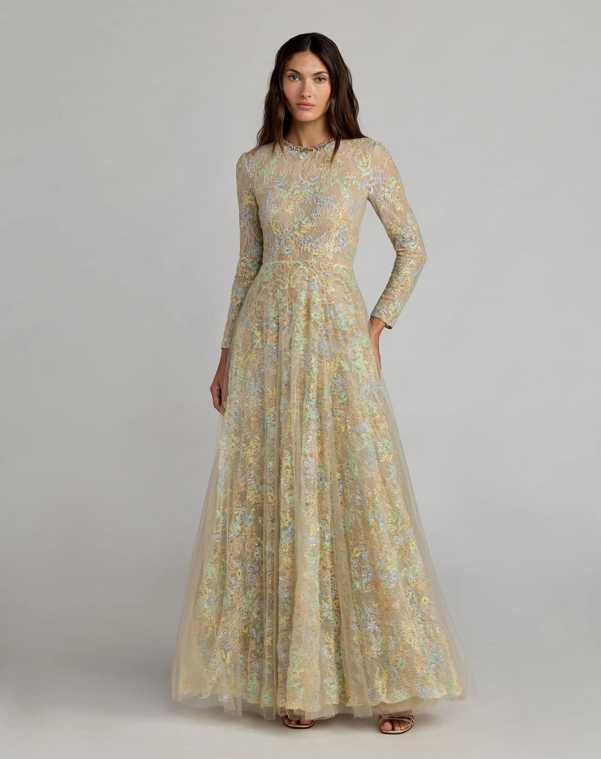 Mac Duggal Beige Long Sleeve Embellished Lace A-Line Gown