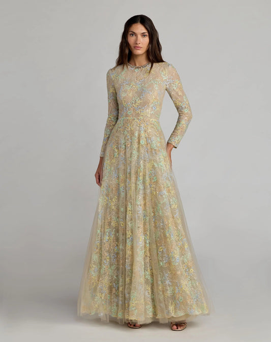 Mac Duggal Beige Long Sleeve Embellished Lace A-Line Gown