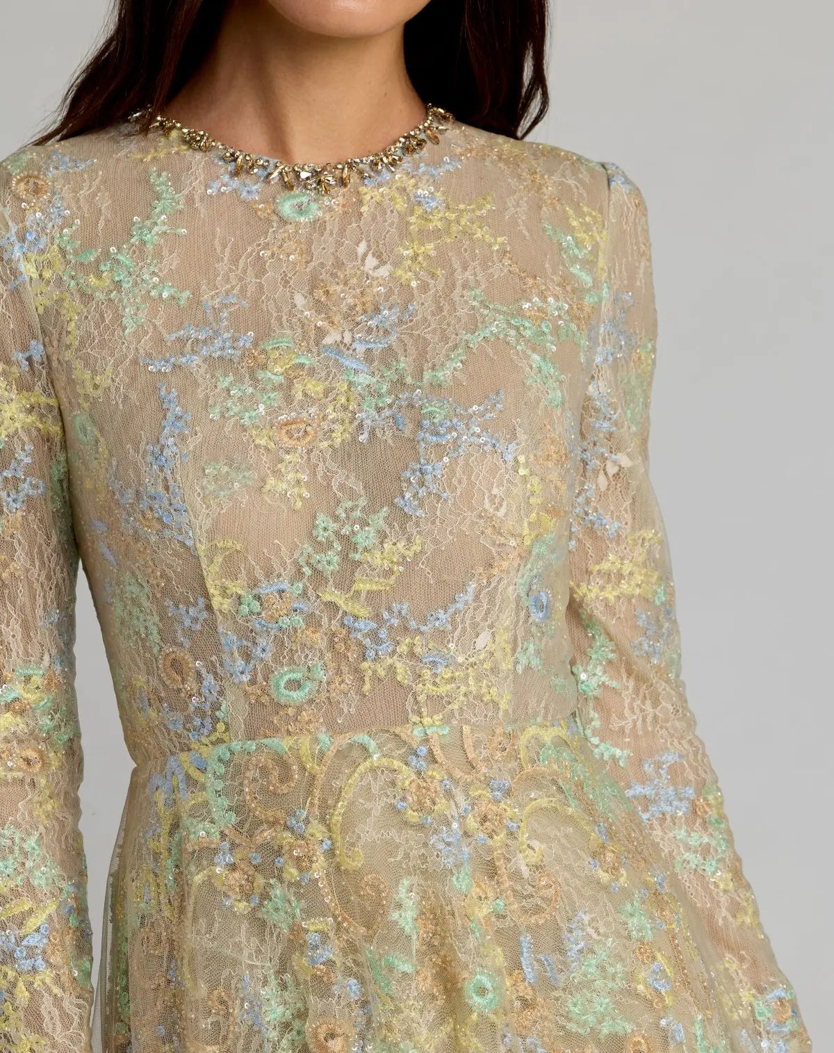Mac Duggal Beige Long Sleeve Embellished Lace A-Line Gown