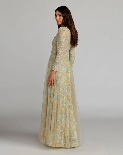 Mac Duggal Beige Long Sleeve Embellished Lace A-Line Gown