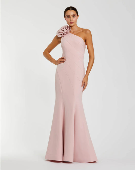 Mac Duggal Pink One Shoulder Mermaid Gown With 3D Flower