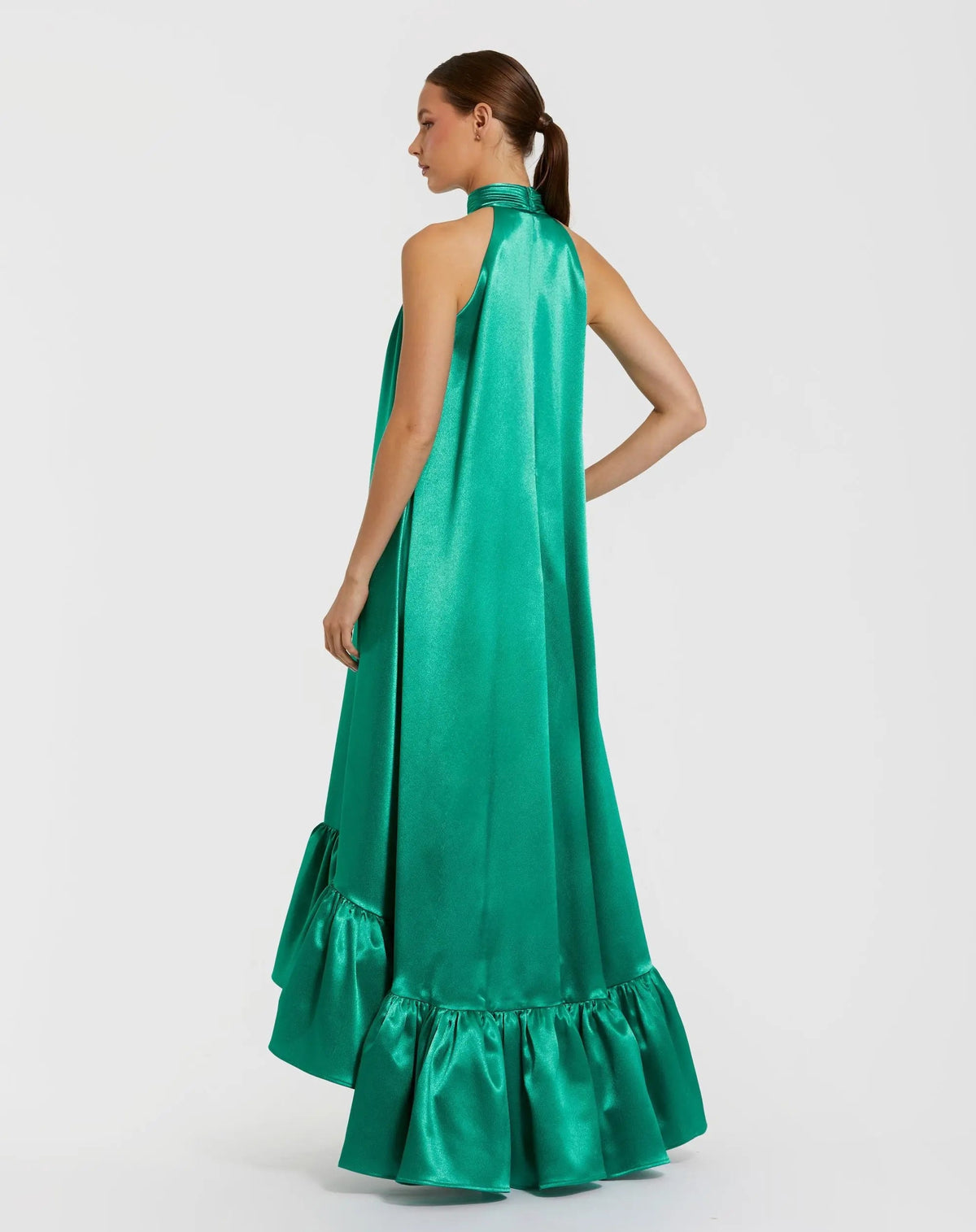Mac Duggal Green Charmeuse Halter High Low Gown