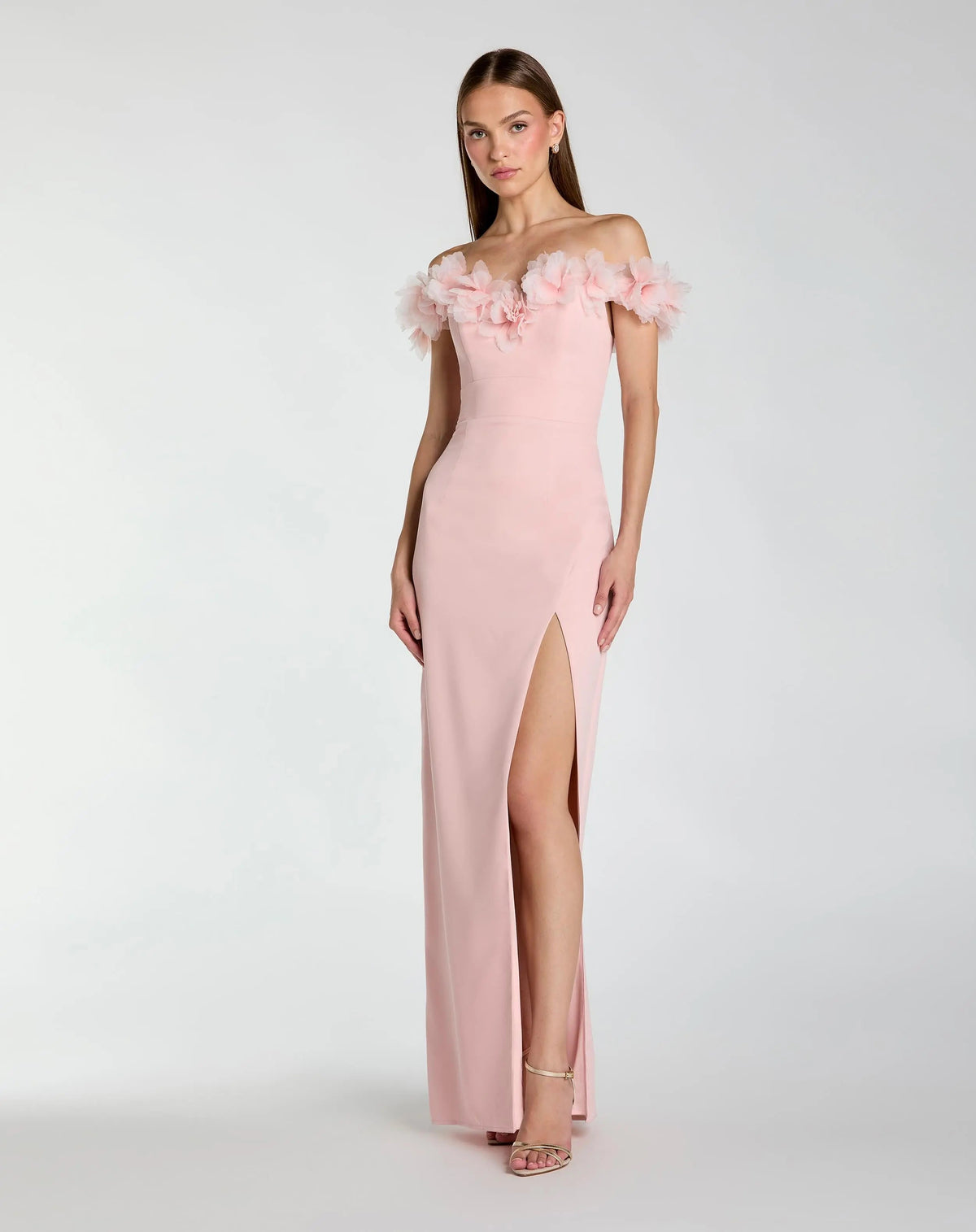 Mac Duggal Pink Off The Shoulder Column Gown With 3D Flowers