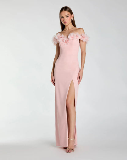 Mac Duggal Pink Off The Shoulder Column Gown With 3D Flowers