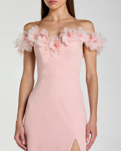 Mac Duggal Pink Off The Shoulder Column Gown With 3D Flowers