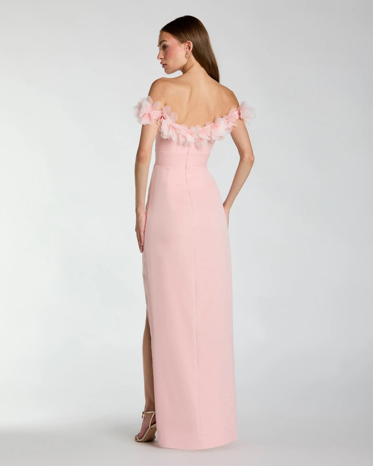 Mac Duggal Pink Off The Shoulder Column Gown With 3D Flowers