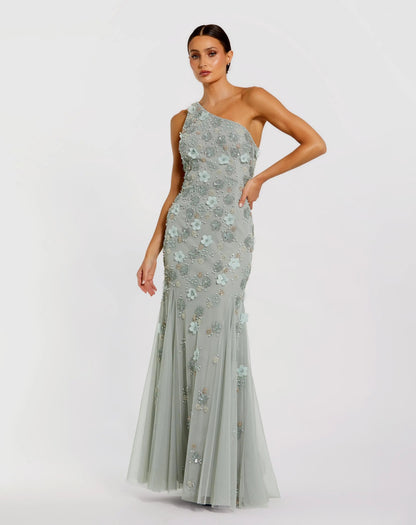Mac Duggal Green Open Back One Shoulder Embellished Trumpet Gown