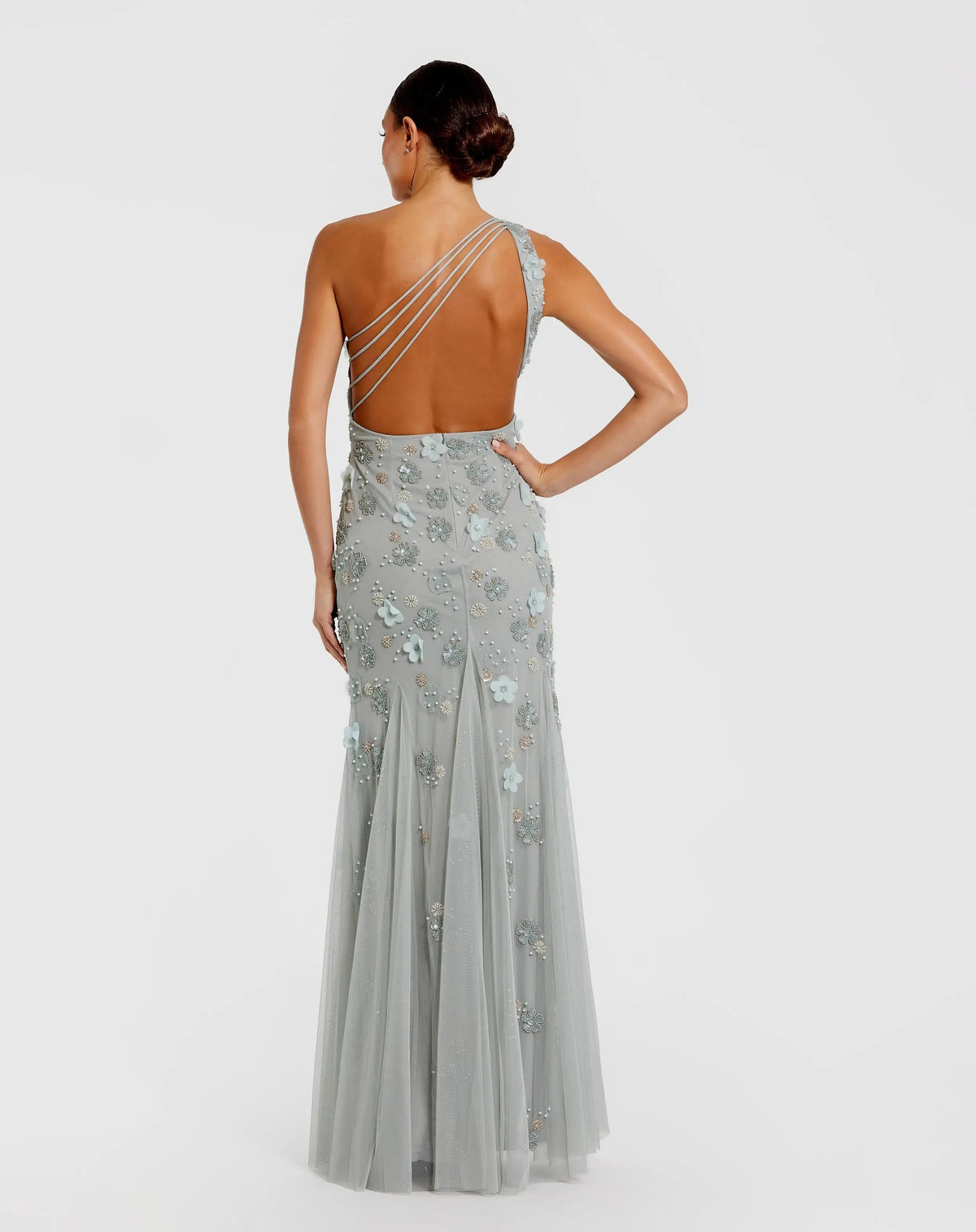 Mac Duggal Green Open Back One Shoulder Embellished Trumpet Gown