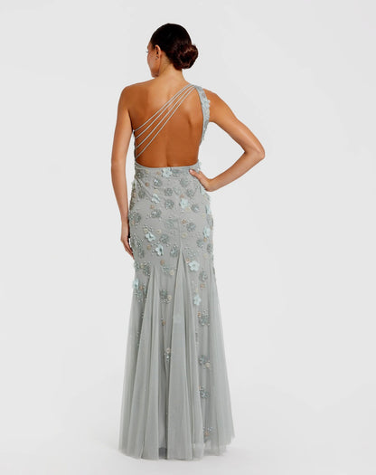Mac Duggal Green Open Back One Shoulder Embellished Trumpet Gown