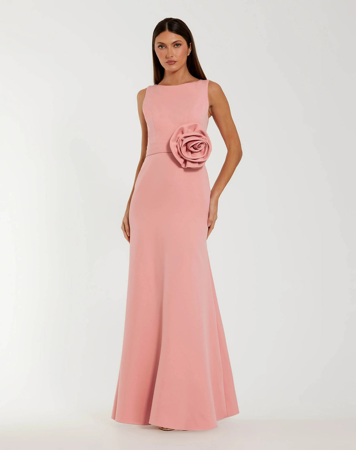 Mac Duggal Pink Boat Neck Crepe Trumpet Gown With Flower