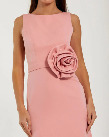 Mac Duggal Pink Boat Neck Crepe Trumpet Gown With Flower