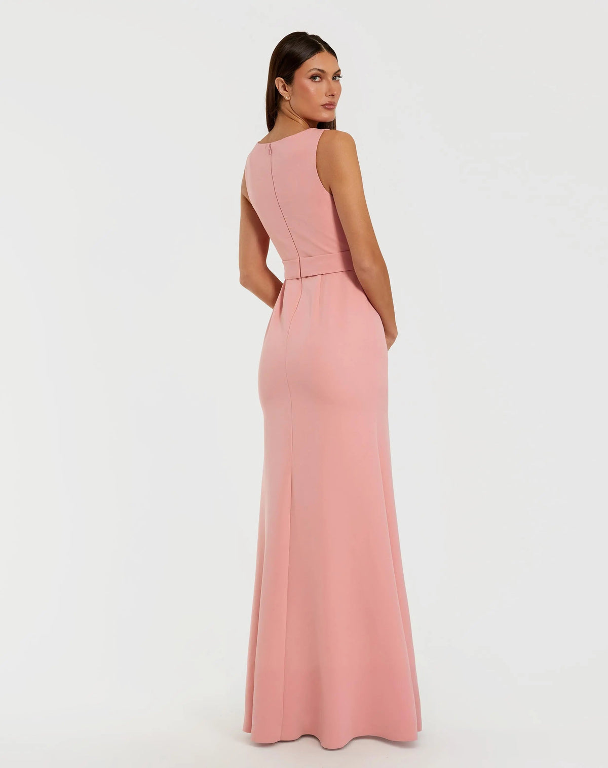 Mac Duggal Pink Boat Neck Crepe Trumpet Gown With Flower