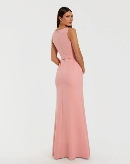 Mac Duggal Pink Boat Neck Crepe Trumpet Gown With Flower