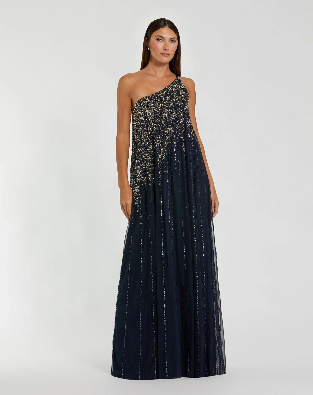 Mac Duggal Navy One Shoulder Embellished Trapeze Gown