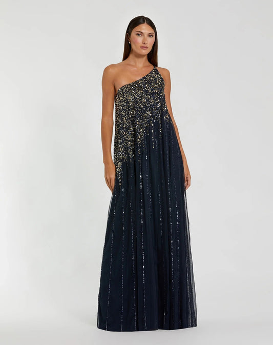 Mac Duggal Navy One Shoulder Embellished Trapeze Gown