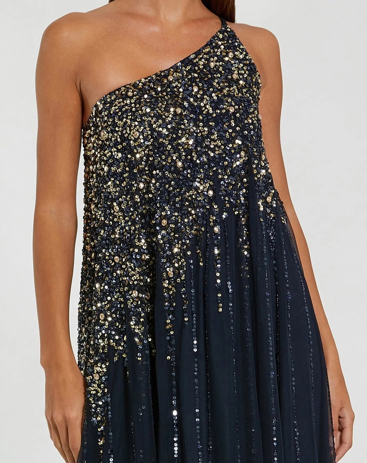 Mac Duggal Navy One Shoulder Embellished Trapeze Gown