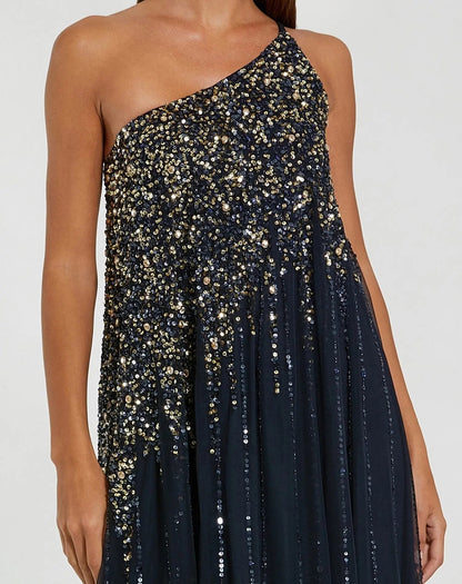 Mac Duggal Navy One Shoulder Embellished Trapeze Gown
