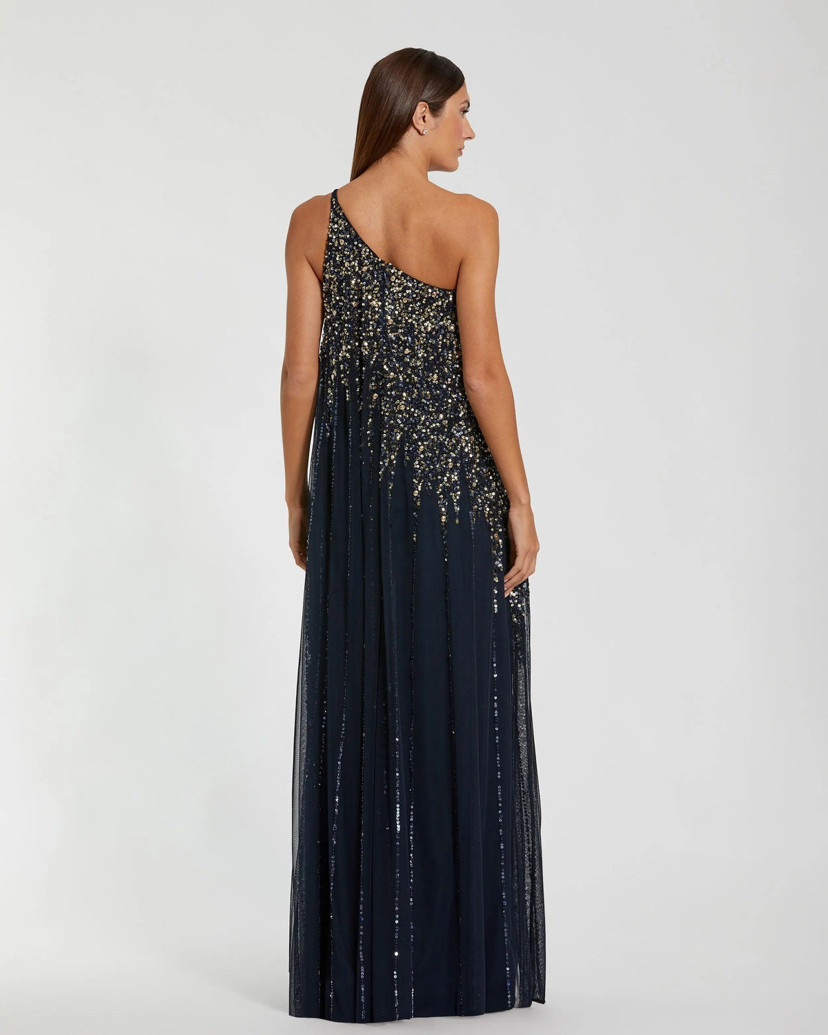 Mac Duggal Navy One Shoulder Embellished Trapeze Gown